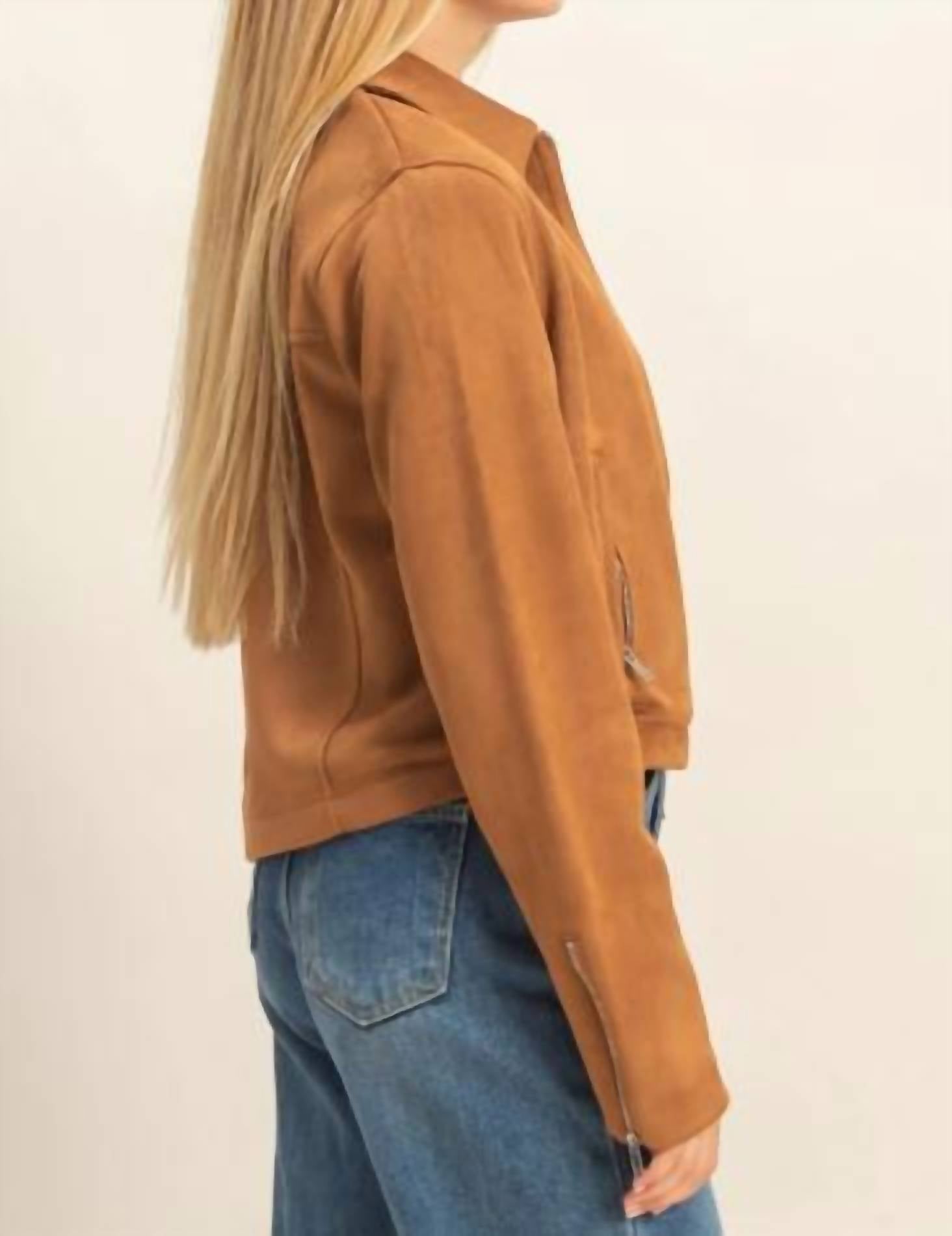 HYFVE Mandy Suede Zip Bomber Jacket in camel - women's jacket - detail view
