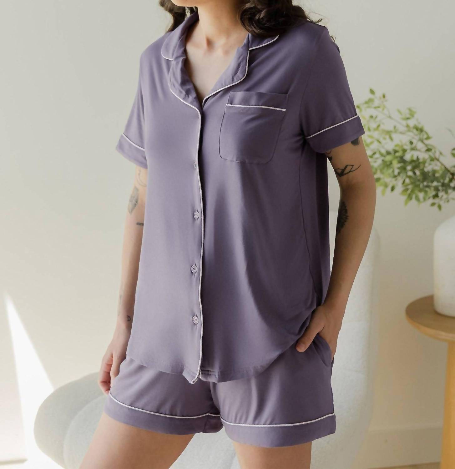Kindred Bravely Bamboo Maternity & Postpartum Short Sleeve Pajama Set in granite - women's intimate - detail view