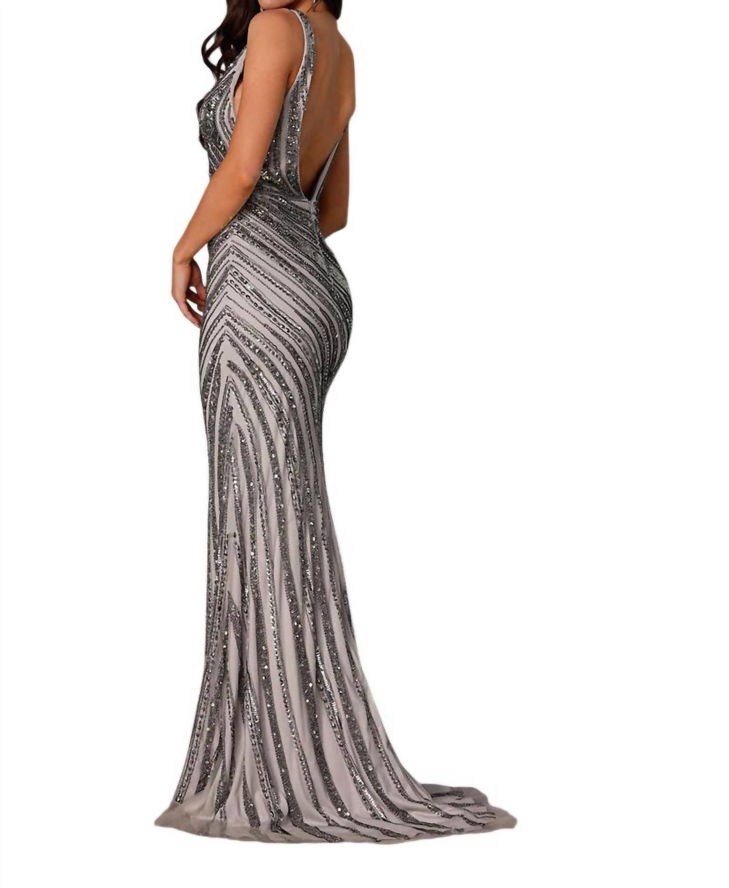 Terani Couture V-neck Embellished Sheath Gown in gunmetal - women's dress - detail view