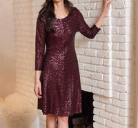 Karen Kane 3/4 Sleeve Sequin Scoop Neck Fit & Flare Dress in eggplant - women's dress - view 4