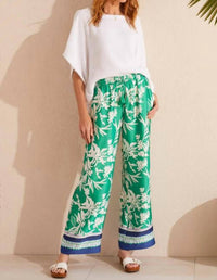 TRIBAL Petra Printed Pull On Wide Leg Pants With Drawstring in jademist - women's pants