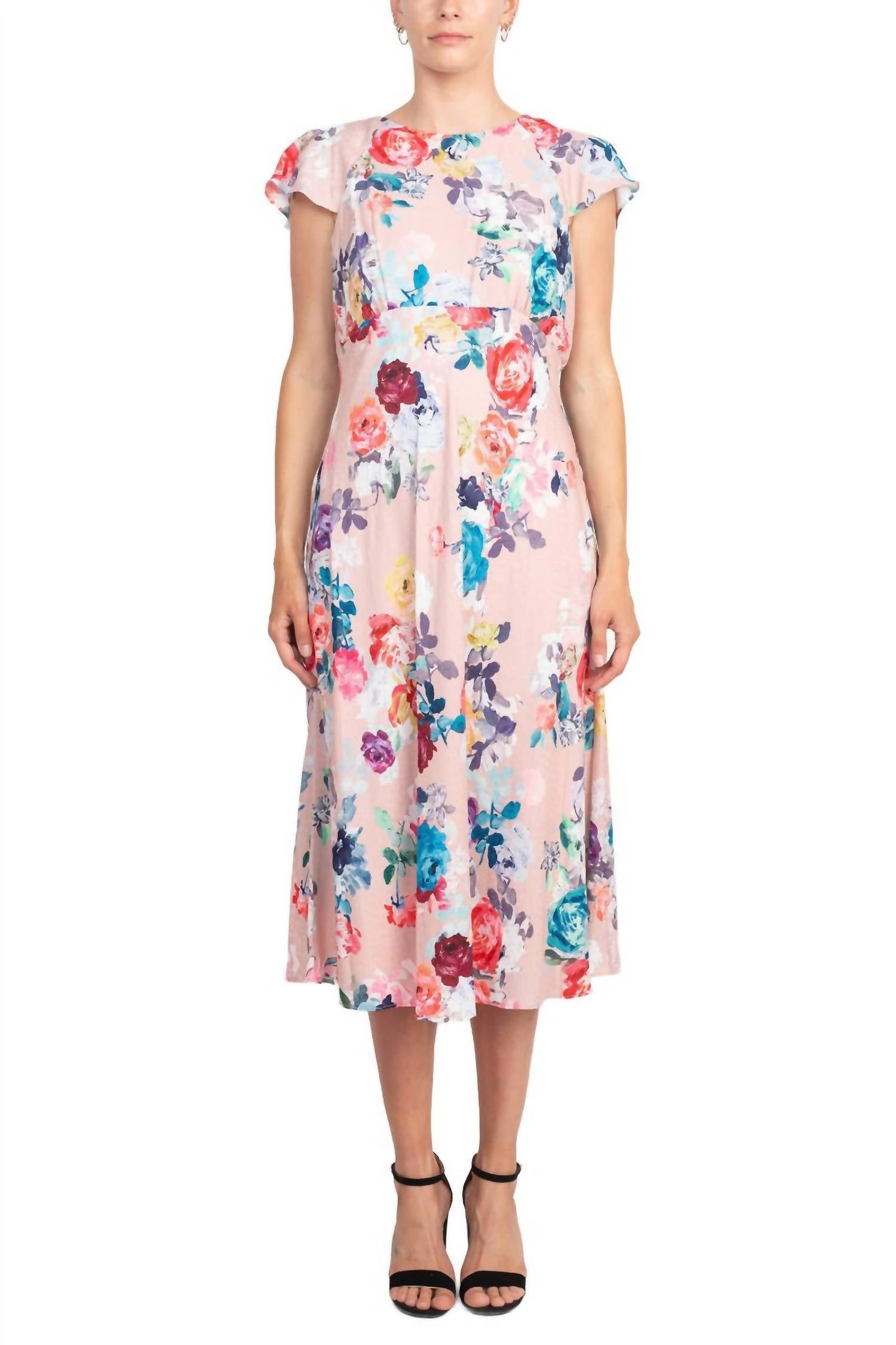 Adrianna Papell - Soft Pleated Floral Print Empire Waist Midi Dress