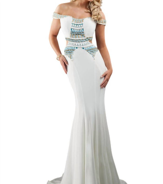 Rachel Allan - Off-the-shoulder Beaded Jersey Prom Gown