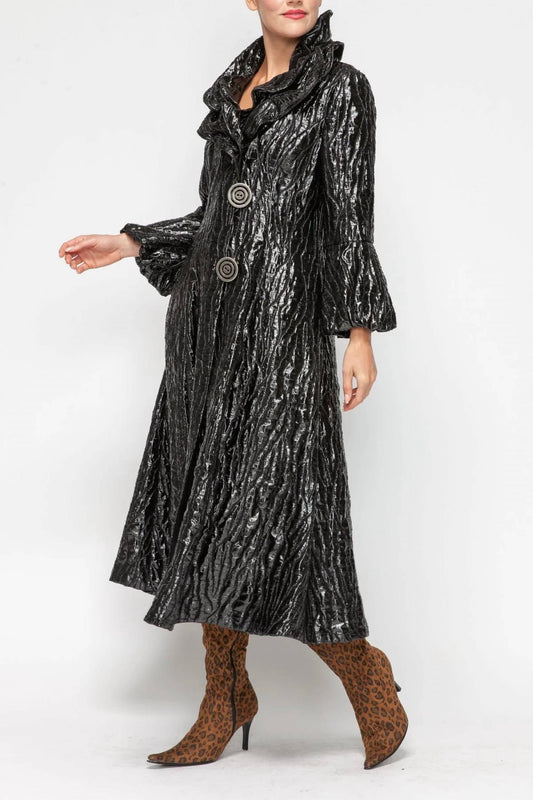 Ic Collection - Metallic Double Wire Ruffle Collar Long Blouson Sleeve Jacket
