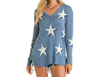 Rock & Roll Denim Star Print Sweater in cerulean - women's sweater