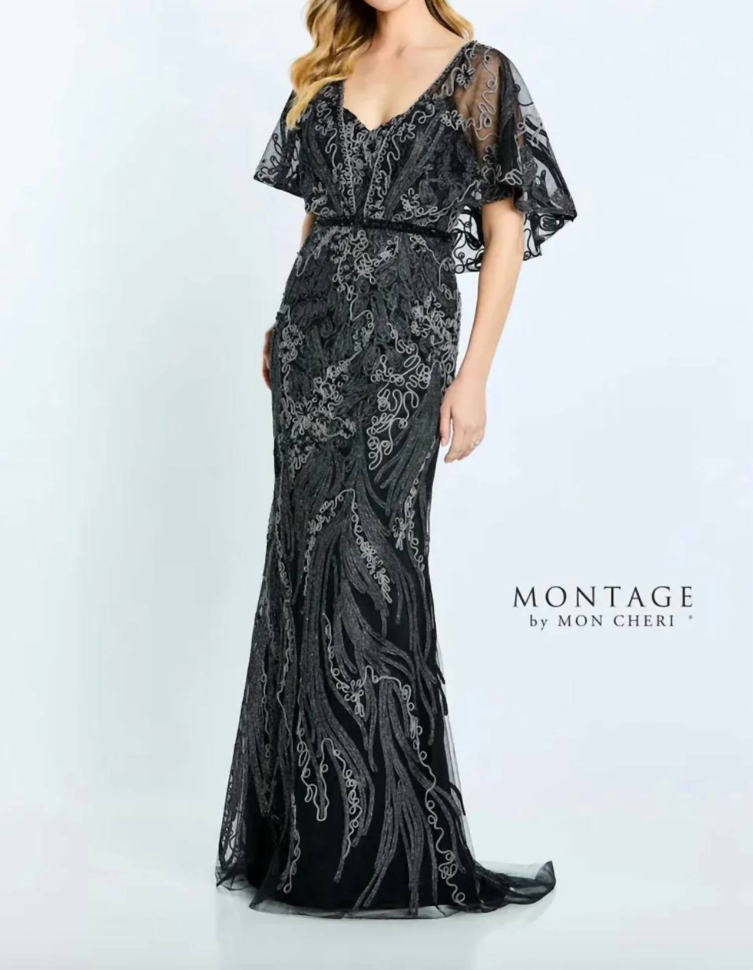 Montage By Mon Cheri - Detachable Capelet Ribbon Lace Dress