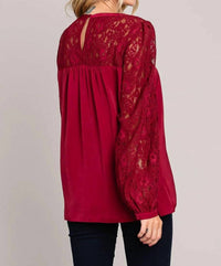 Davi & Dani - Soft Satin Blouse With Contrast Lace Neck