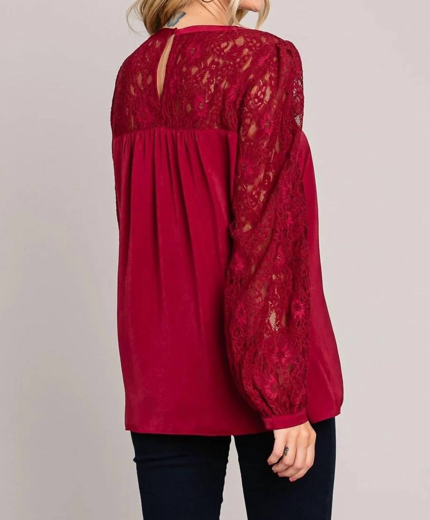 Davi & Dani - Soft Satin Blouse With Contrast Lace Neck