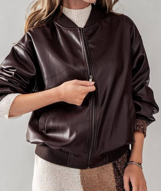 Double Zero - Loose Fit Zip Up Leather Bomber Jacket