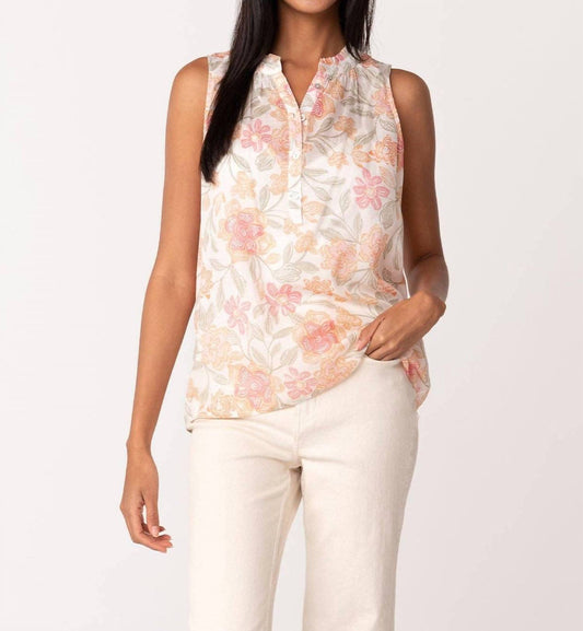 Lovestitch - Sheer Floral Button Front Ruffle Neck Tank Top