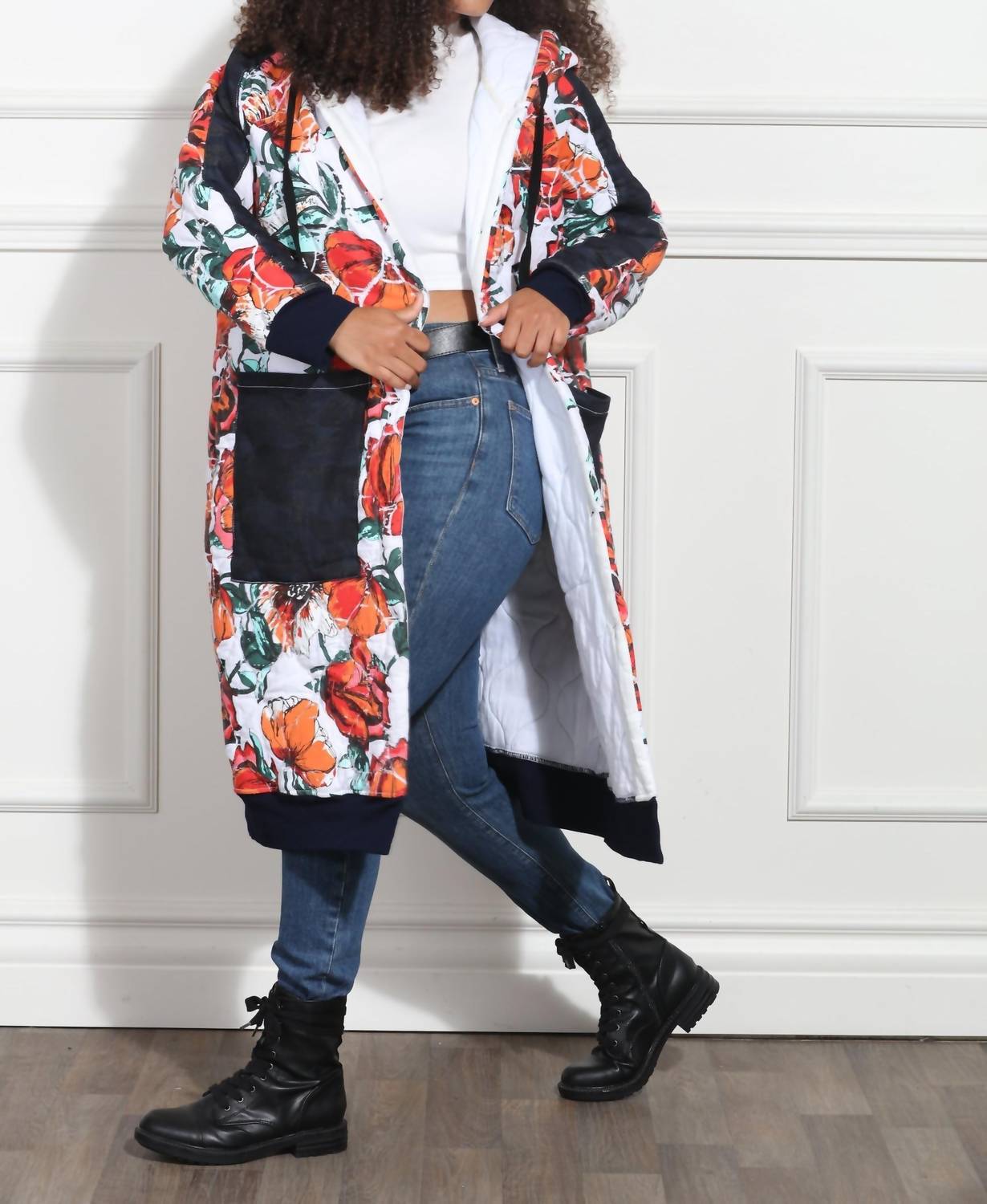 Luxe Moda Floral Hooded Coat in denim black - women's jacket - view 4