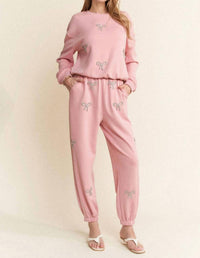 Davi & Dani - Rhinestone Bow Detail Soft Knit Sweatshirt Set