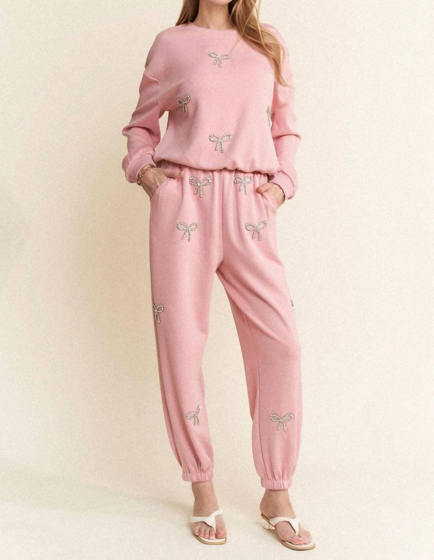 Davi & Dani - Rhinestone Bow Detail Soft Knit Sweatshirt Set
