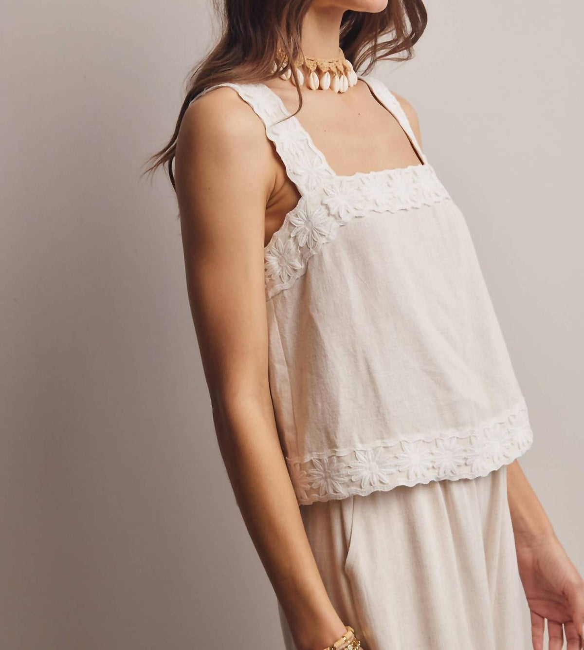Forte - Embroidered Square Neck Tank And Wide Leg Pants Set