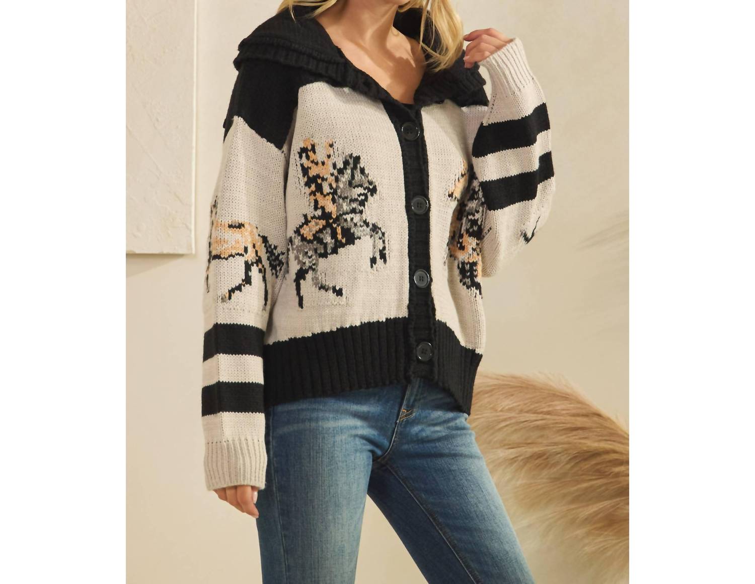 Veveret Horse Print Sweater in black - women's cardigan - alternate view