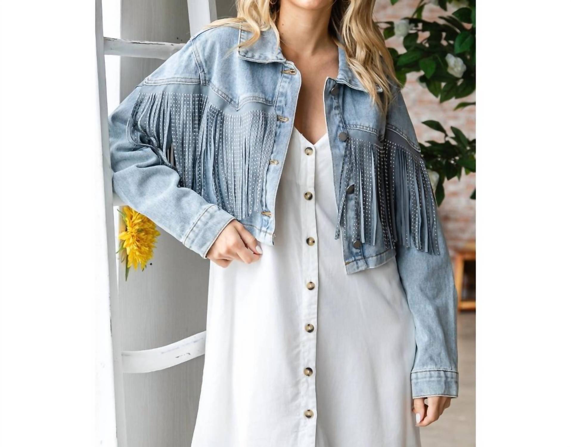 Veveret - Rhinestone Fringe Cropped Denim Moto Jacket