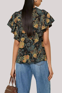 Ulla Johnson Lena Silk Flutter Sleeve Blouse in nuit - women's blouse - detail view