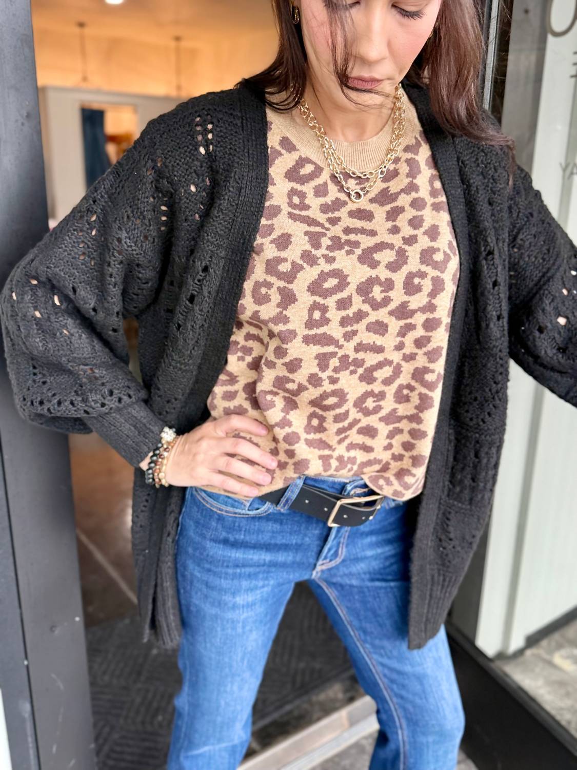 ee:some Long Waist Crochet Cardigan in black - women's cardigan - alternate view