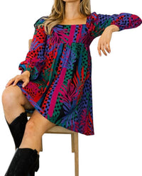 Oddi - Zoe Tropical Leaves Print Babydoll Mini Dress