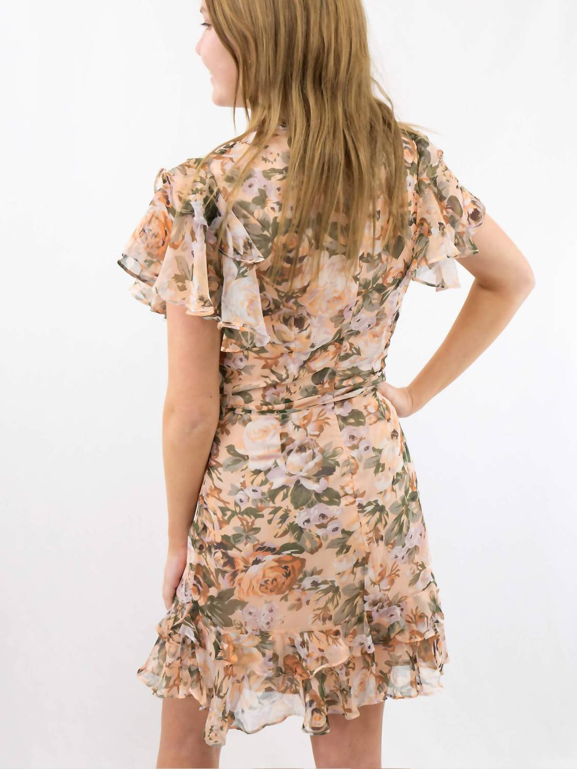 One & Only Short Flutter Sleeves Floral Dress in nude - women's dress - detail view