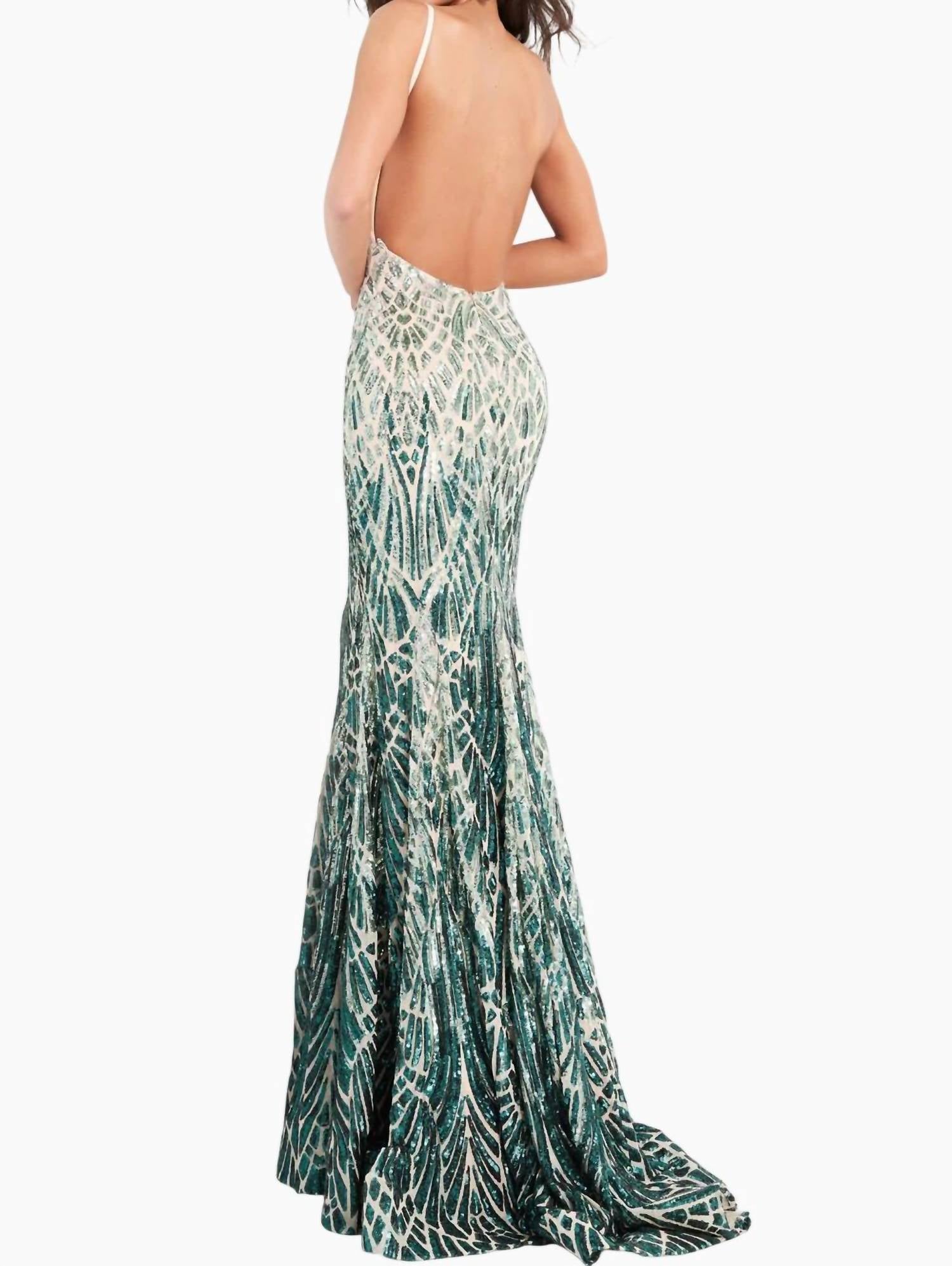 JOVANI Evening Gown in silver green - women's dress - detail view