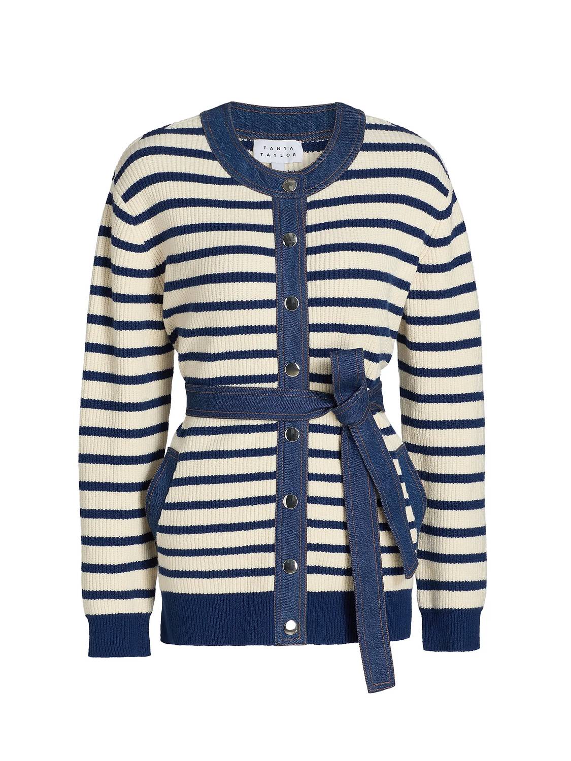 TANYA TAYLOR Delia Cardigan in blue white stripe - women's cardigan - detail view