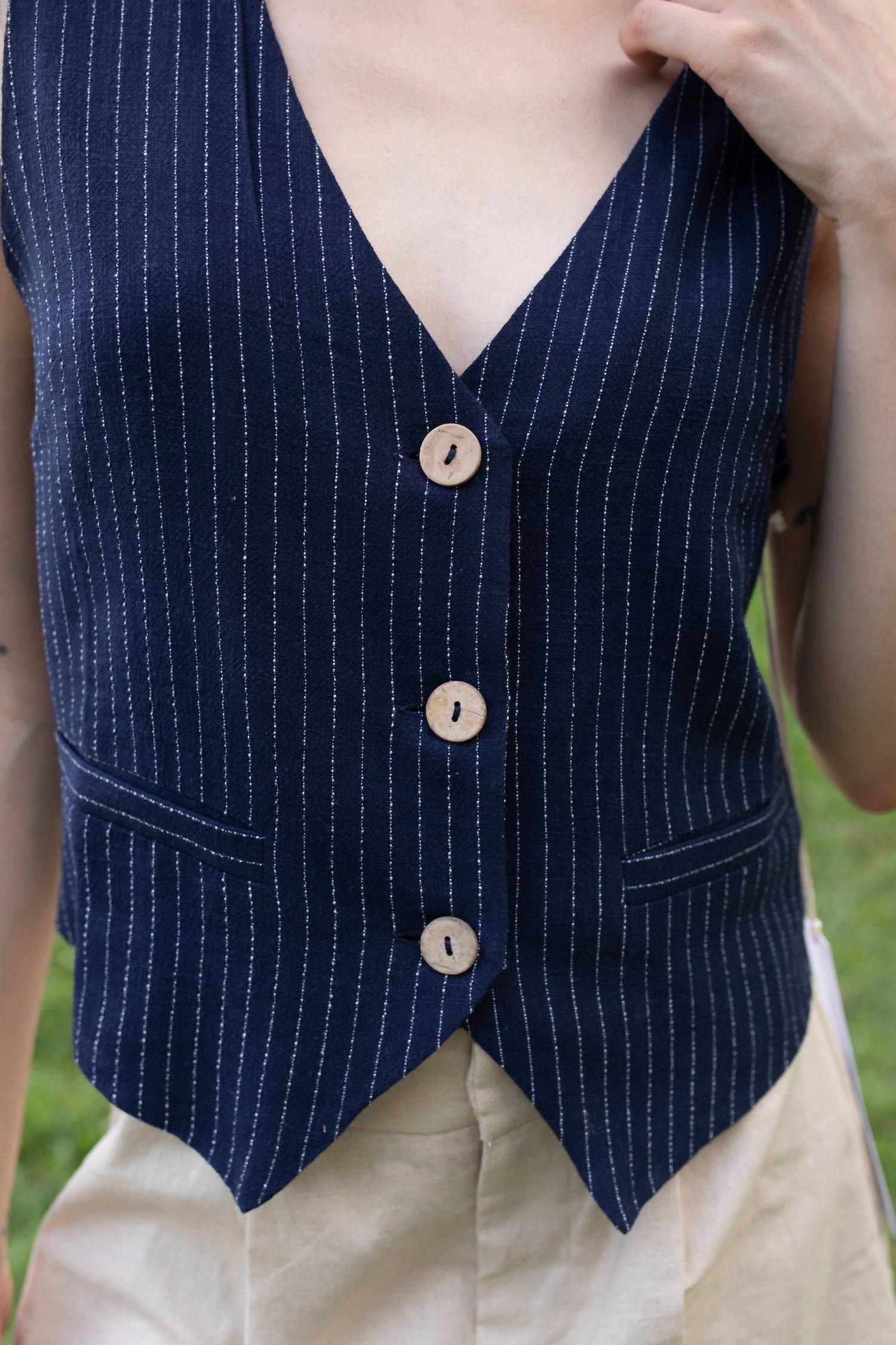 LUMIERE Classic Pinstripe Vest in navy - women's jacket - alternate view