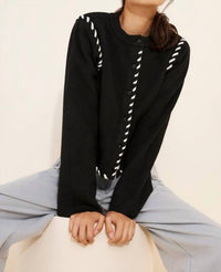 MON RENN Dahlia Cardigan in black cream - women's cardigan - detail view