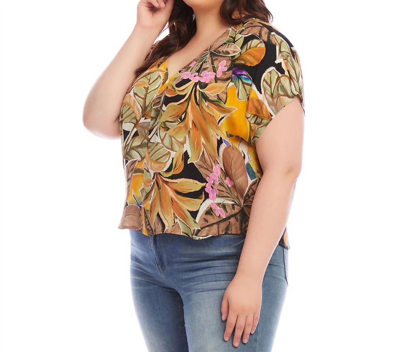Karen Kane Curvy Dolman Sleeve Top - Plus in tropical flower print - women's blouse - detail view