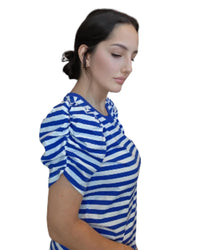 STACCATO Crewneck Gathered Half Sleeve Cotton Striped Top in royal blue - women's blouse - alternate view