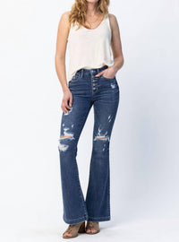 Judy Blue - Midrise Button Fly Trouser Flare With Distressing