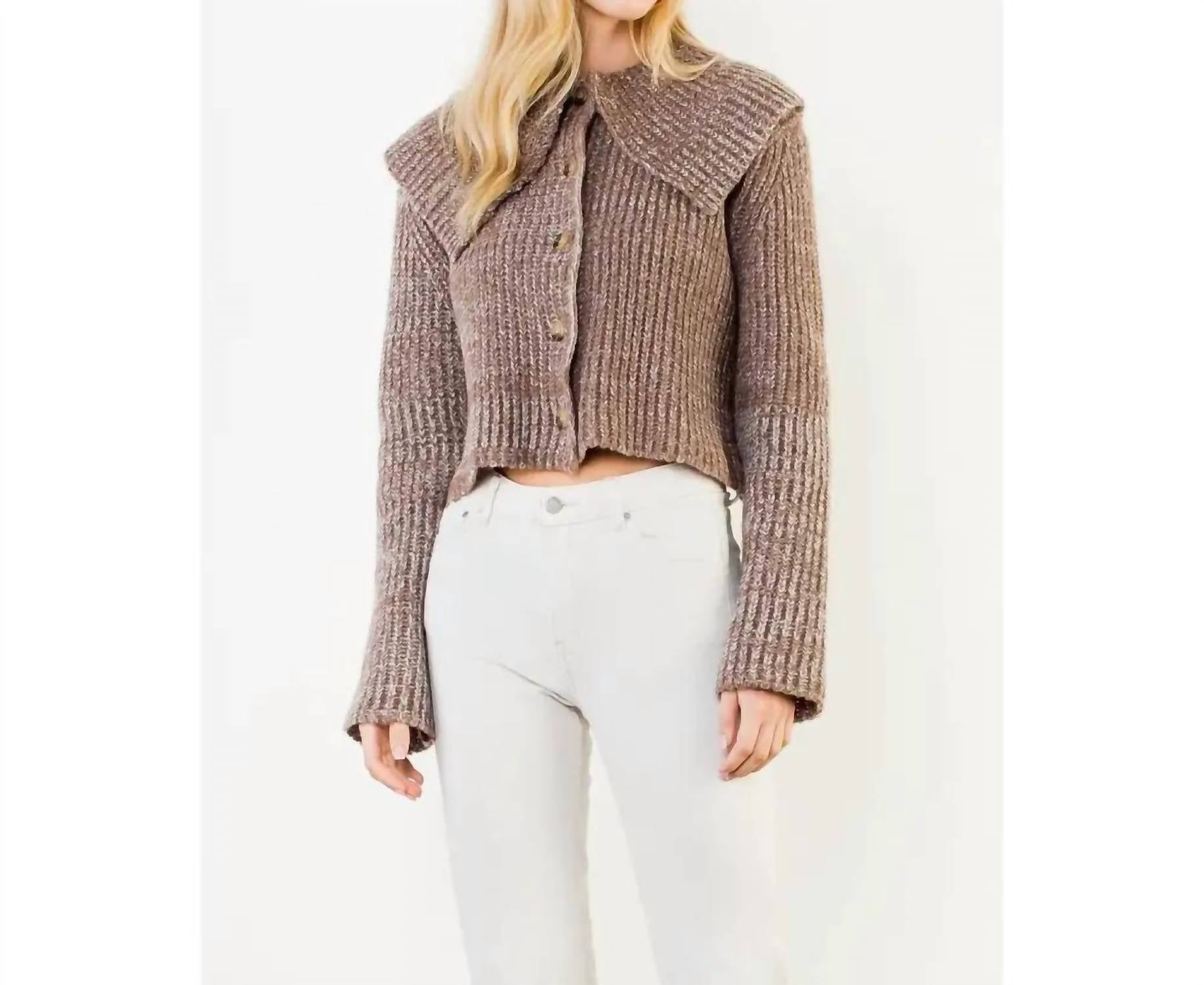 THML Cropped Knitted Collar Cardigan in brown - women's cardigan