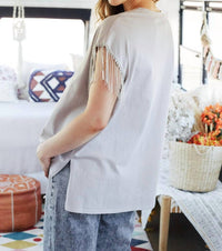 FANTASTIC FAWN Cowboy Take Me Away Rhinestone Fringe Shirt in grey - women's t-shirt - detail view