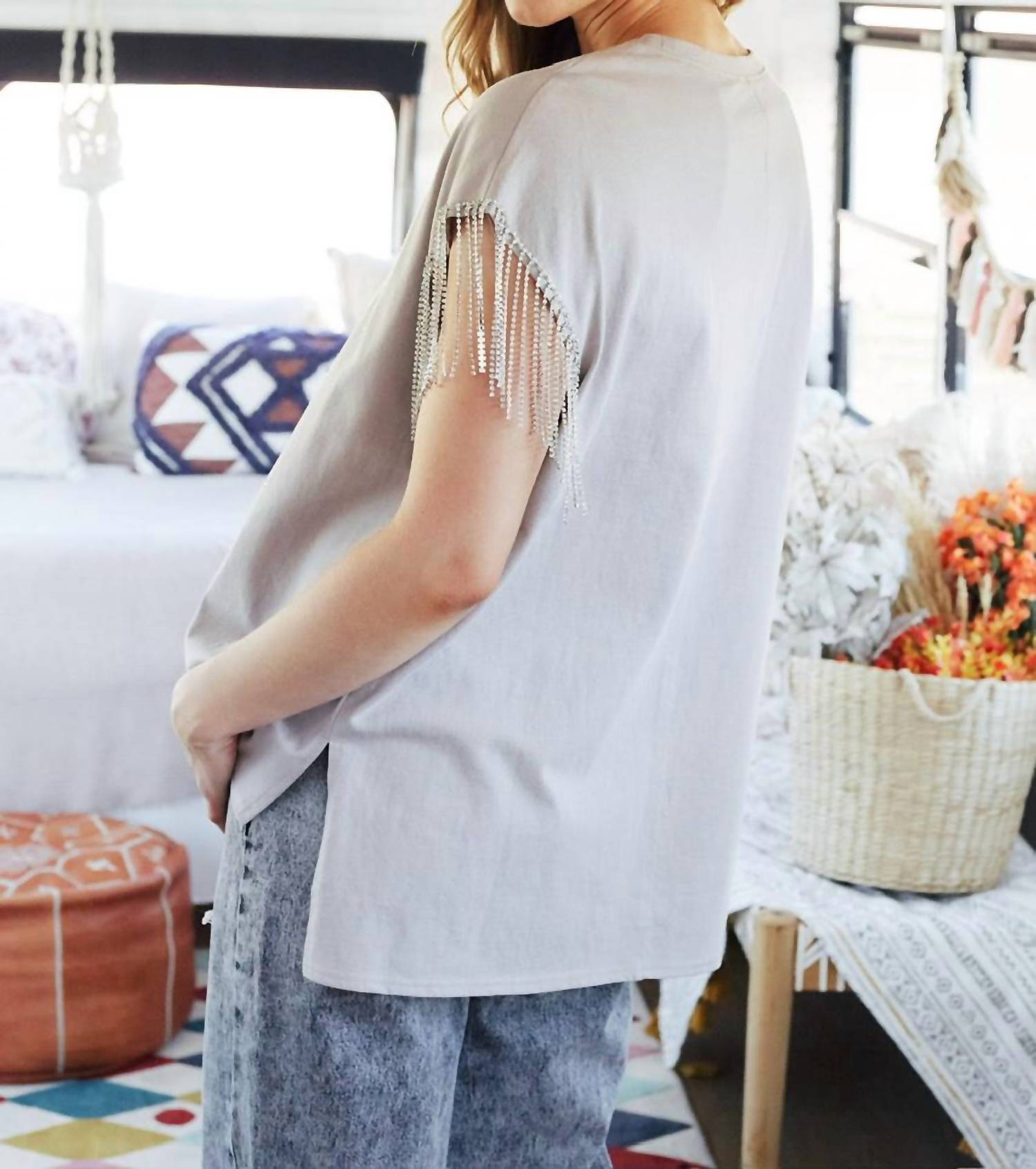 FANTASTIC FAWN Cowboy Take Me Away Rhinestone Fringe Shirt in grey - women's t-shirt - detail view