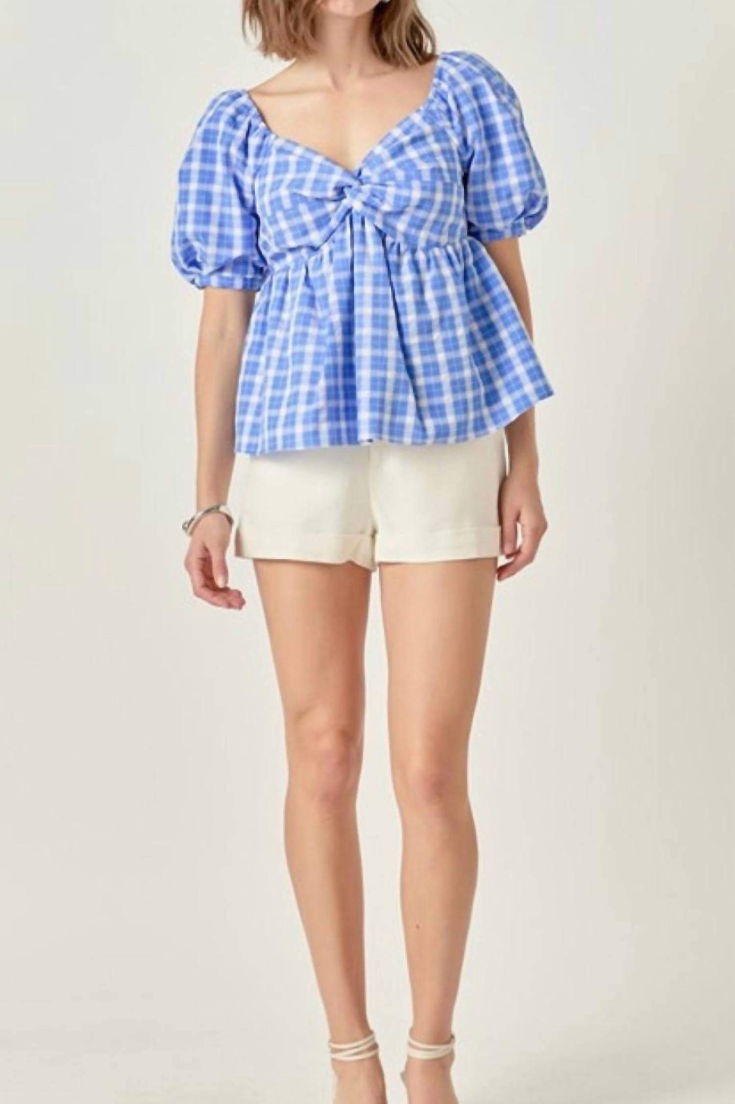 English Factory Twisted Puff Sleeve Sweetheart Top in gingham blue - women's blouse - alternate view