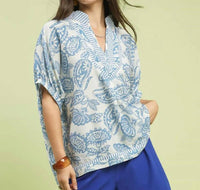 Umgee - Botanical Print Mixed Trim Tunic Top