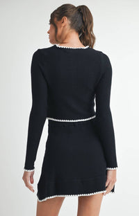 ENDLESS BLU. Contrast Button Knit Crop Jacket in black off white - women's jacket - detail view