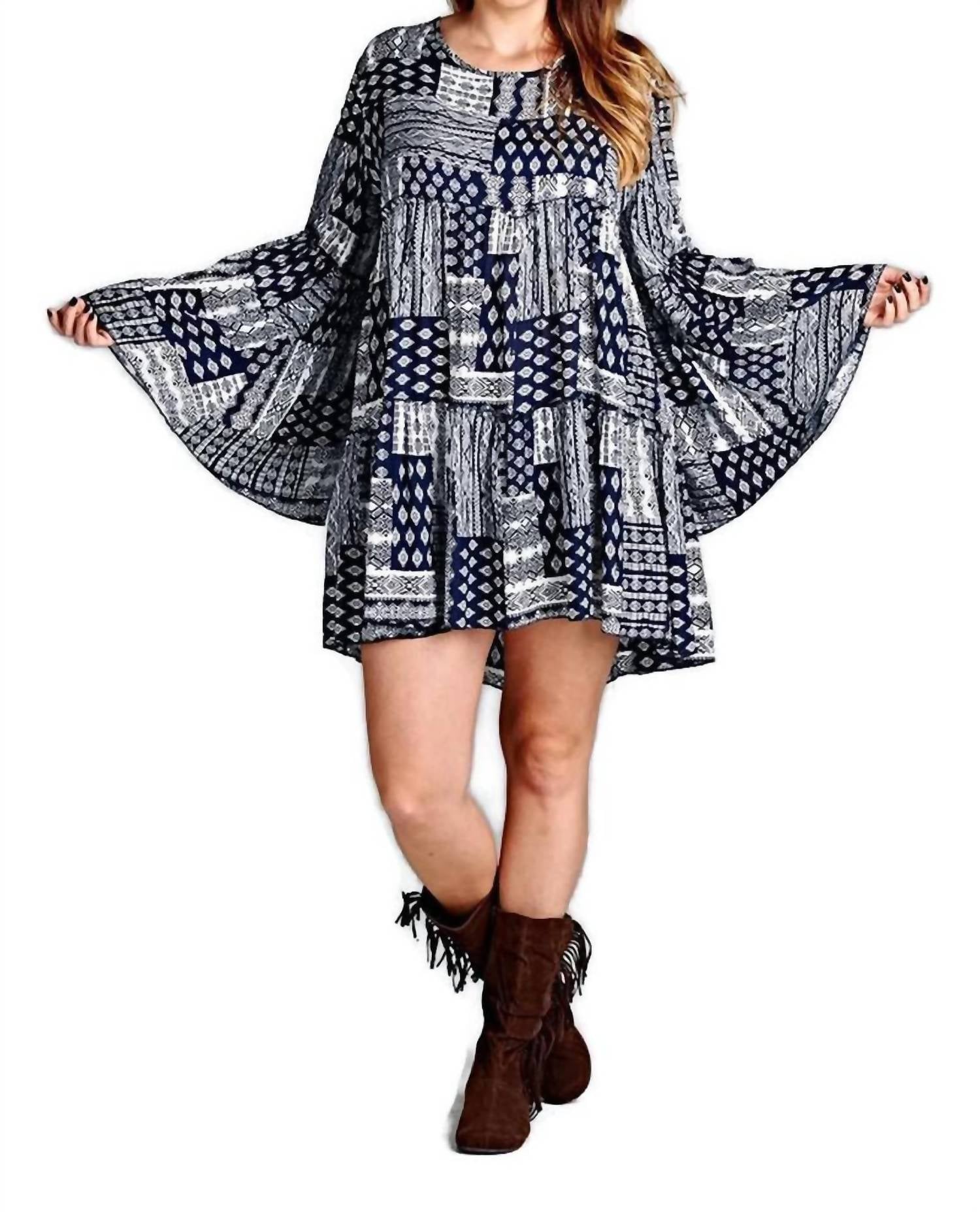 Velzera - Multi-pattern Bell Sleeve Mini Dress