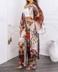 Surelymine - Golden Hour Boho Luxe Kimono Set Printed Duster & Wide-leg Pants