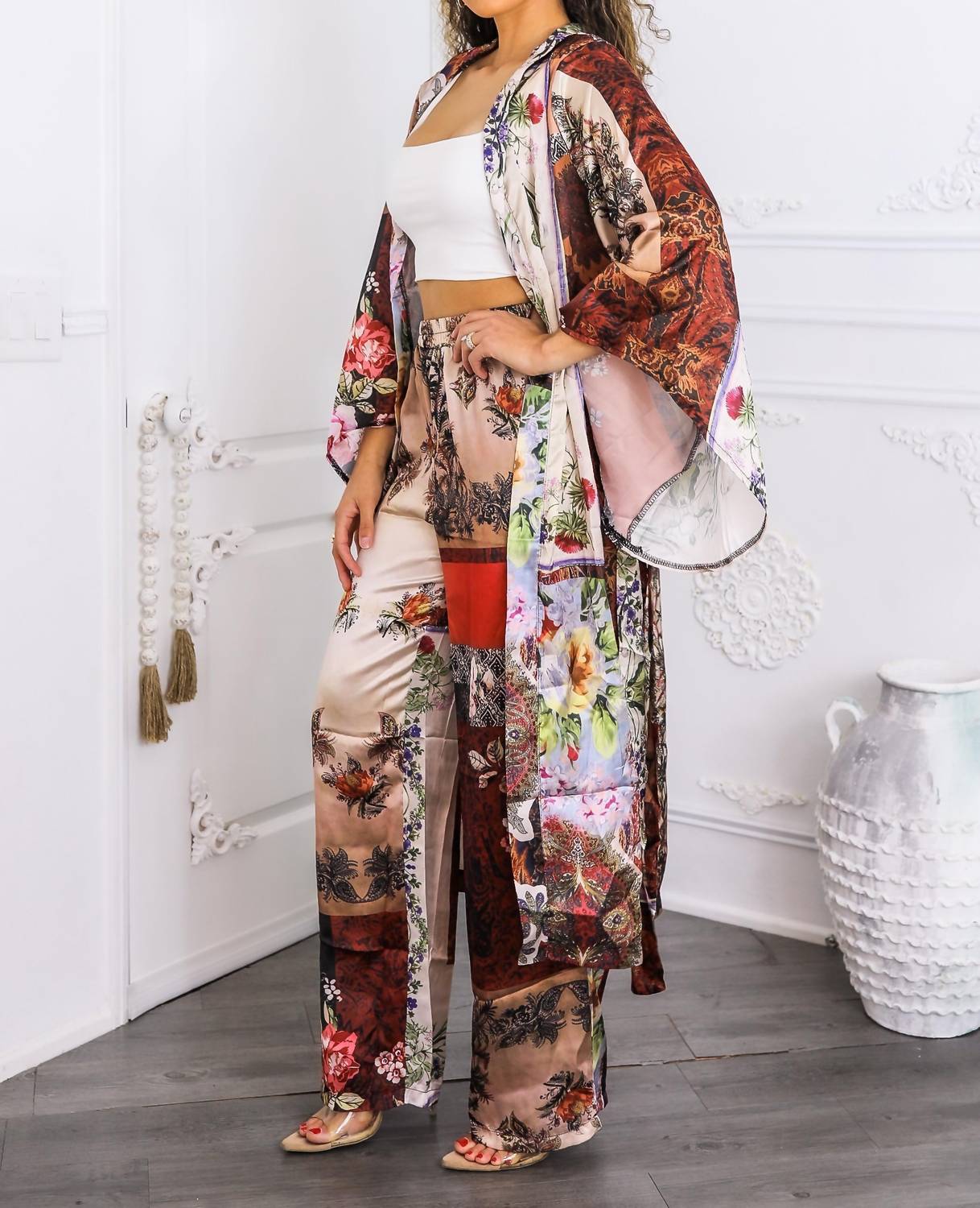 Surelymine - Golden Hour Boho Luxe Kimono Set Printed Duster & Wide-leg Pants
