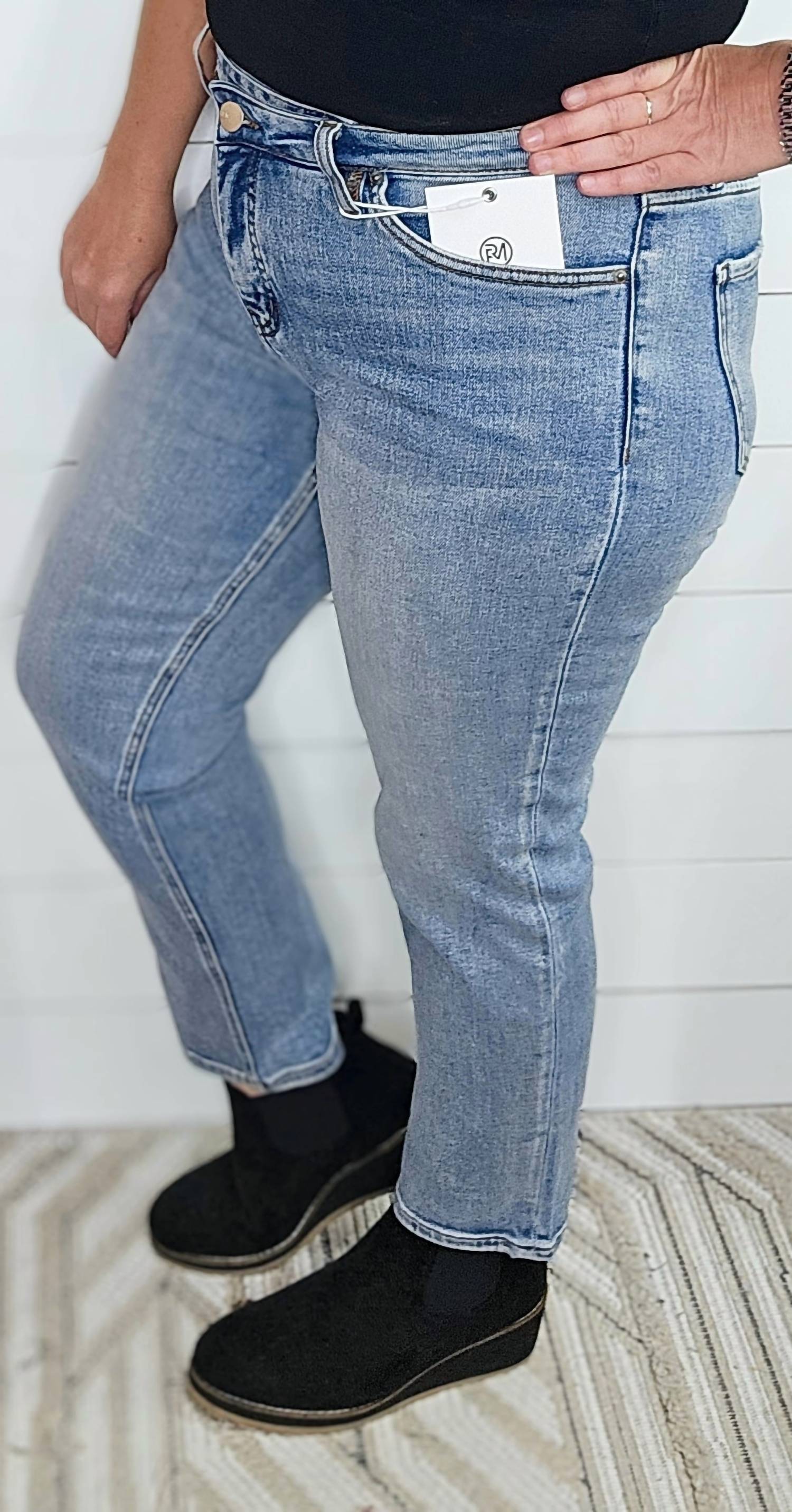 YMI Women's Rfm Dylan Tummy Control Straight Leg Jean Cross Front in blue - women's jeans - detail view