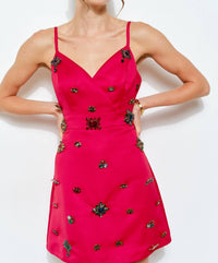 INA Fashion Embellished Jewel Satin Mini Dress in red - women's dress - view 5