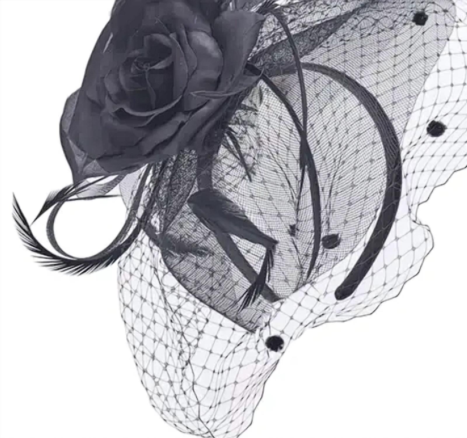 The Toucan Hat Company Women's Silk Rose Fascinator Hat in black - women's hat - detail view