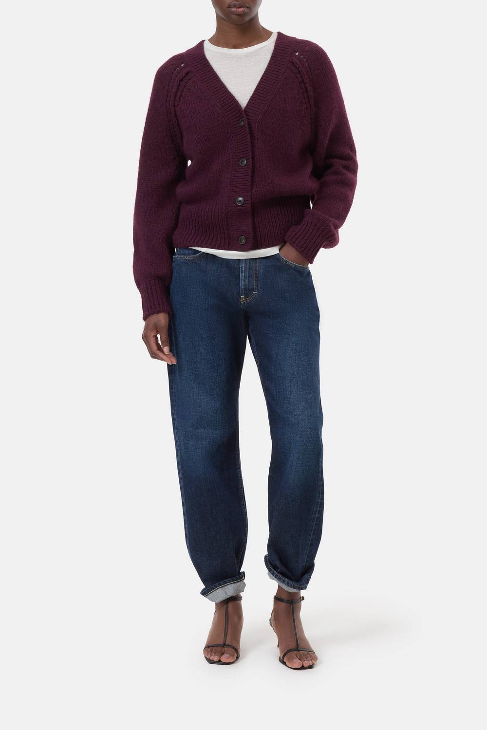 CLOSED Chunky Knit Waisted Cardigan in dark raisin red - women's cardigan - alternate view