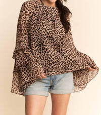 DAVI & DANI Vintage Ruffle Sleeve Boho Blouse in leopard brown - women's blouse - detail view