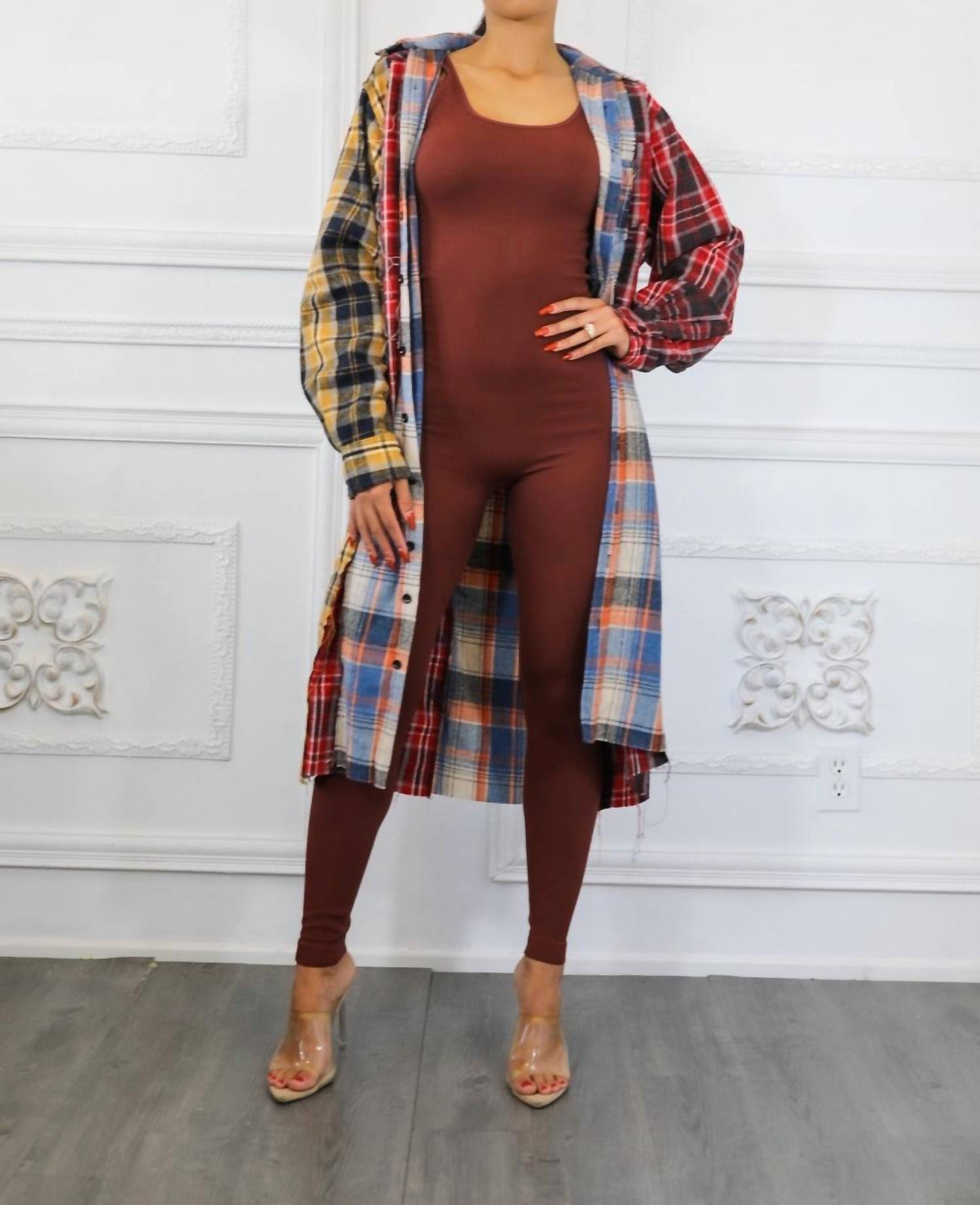 Surelymine - Distressed Long Plaid Patches Shacket