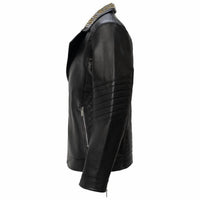 Barocco Men's Studded Collar Trim Moto Jacket in black - men's jacket - alternate view