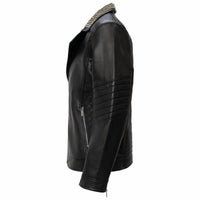 Barocco - Women's Studded Collar Trim Moto Jacket