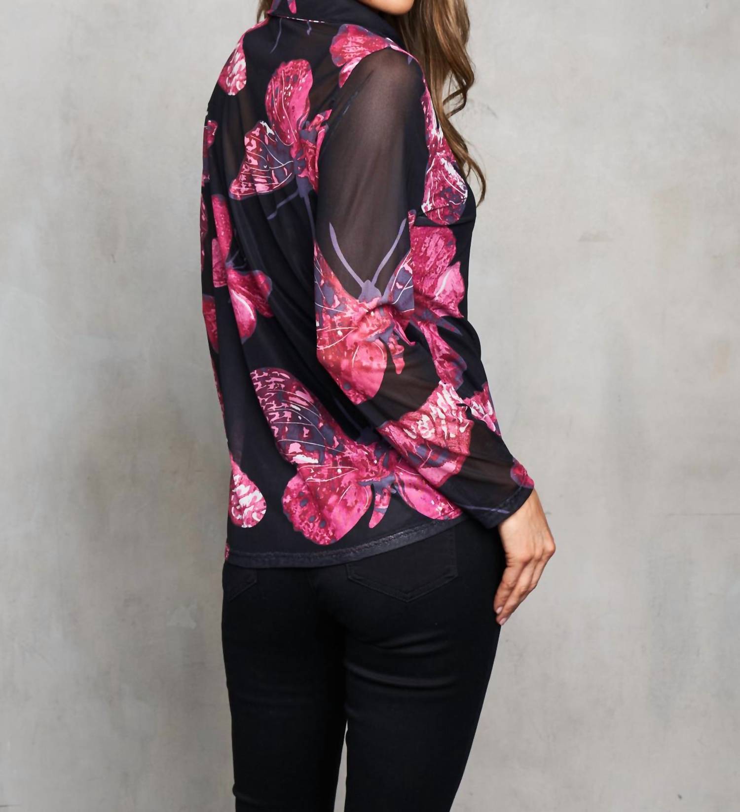 Paparazzi - Mesh Butterfly Print Button Front Lined Shirt