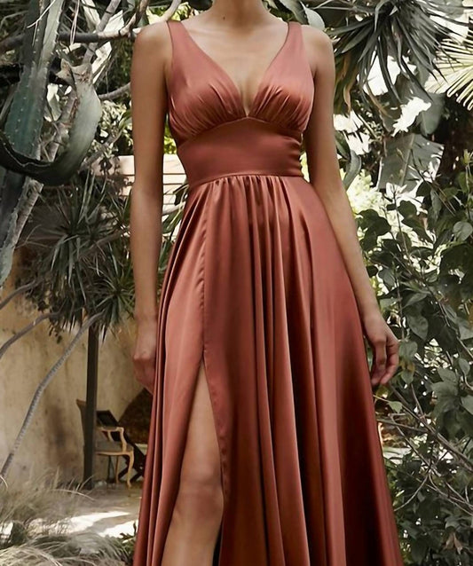 Ladivine - Long Satin A-line Dress With Slit